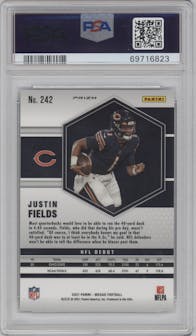 Justin Fields from the 2021 Panini Mosaic set featuring a Green Mosaic parallel graded by PSA and given an overall grade of 10.