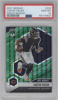 Justin Fields from the 2021 Panini Mosaic set featuring a Green Mosaic parallel graded by PSA and given an overall grade of 10.