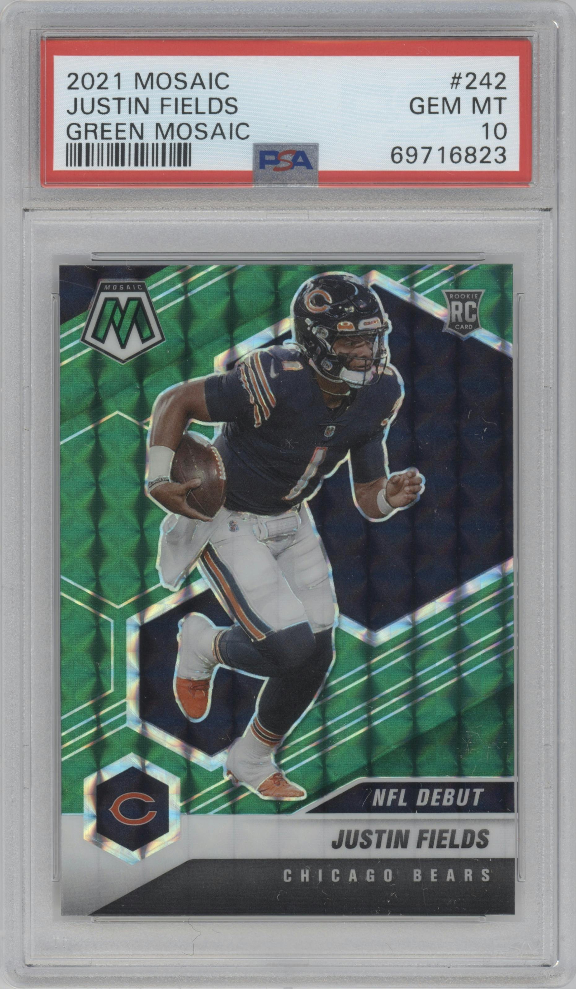 Justin Fields from the 2021 Panini Mosaic set featuring a Green Mosaic parallel graded by PSA and given an overall grade of 10.