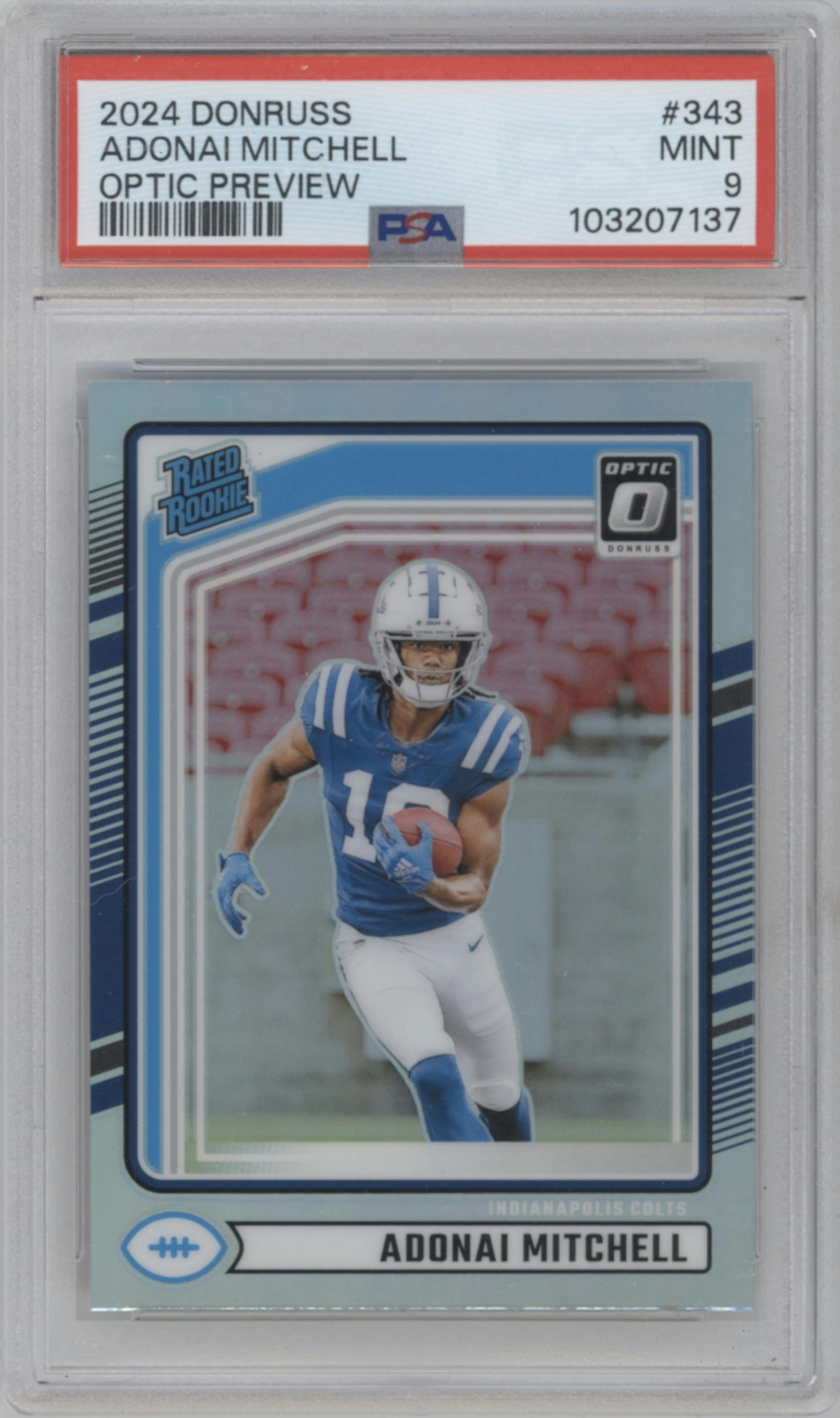 Adonai Mitchell from the 2024 Donruss set featuring a Holo parallel graded by PSA and given an overall grade of 9.
