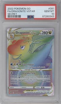 Dragonite VSTAR from the 2022 Pokemon SWSH set graded by PSA and given an overall grade of 10.