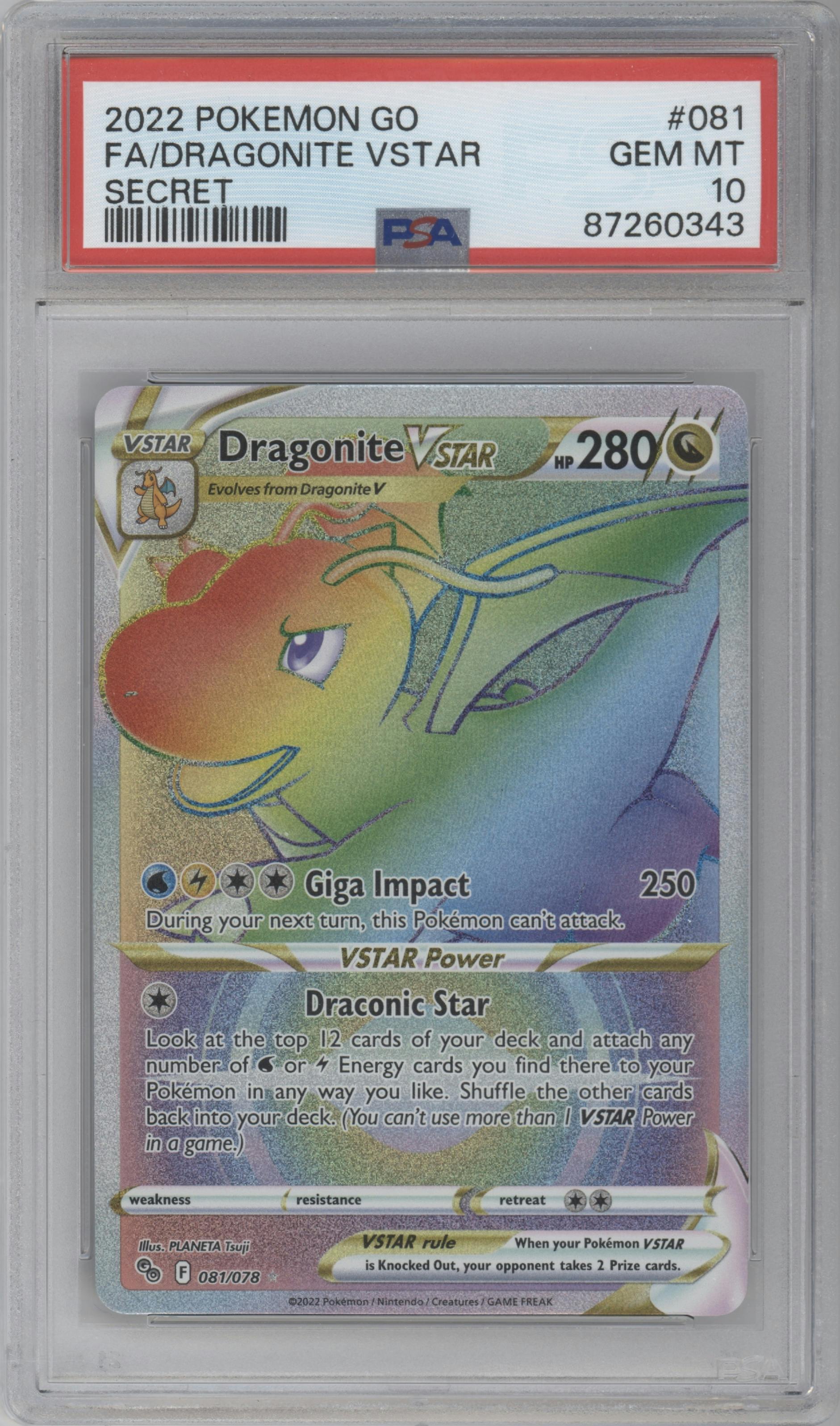 Dragonite VSTAR from the 2022 Pokemon SWSH set graded by PSA and given an overall grade of 10.