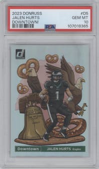 Jalen Hurts from the 2023 Panini Donruss set graded by PSA and given an overall grade of 10.