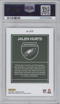 Jalen Hurts from the 2023 Panini Donruss set graded by PSA and given an overall grade of 10.