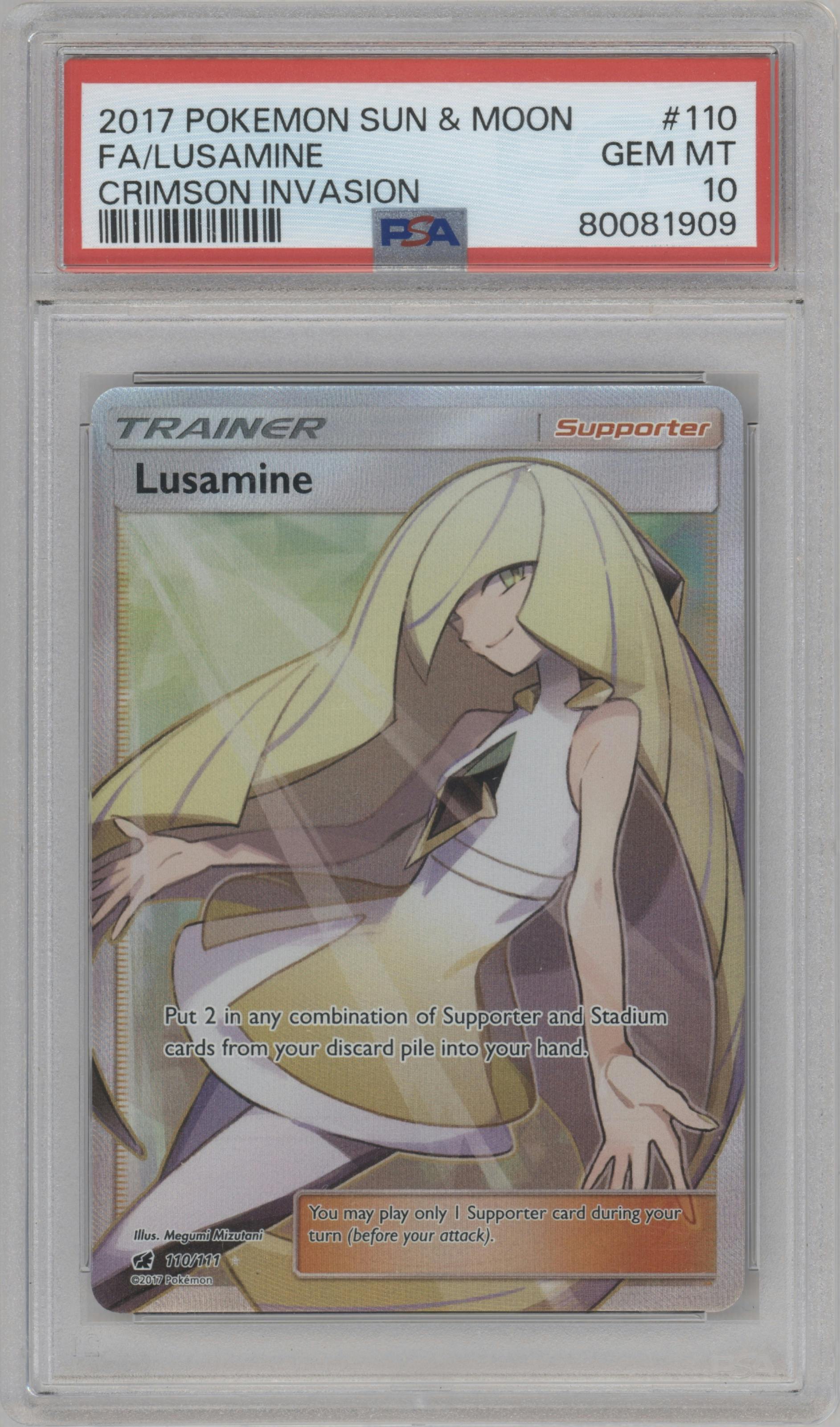 Lusamine from the 2017 Pokemon S&M set graded by PSA and given an overall grade of 10.