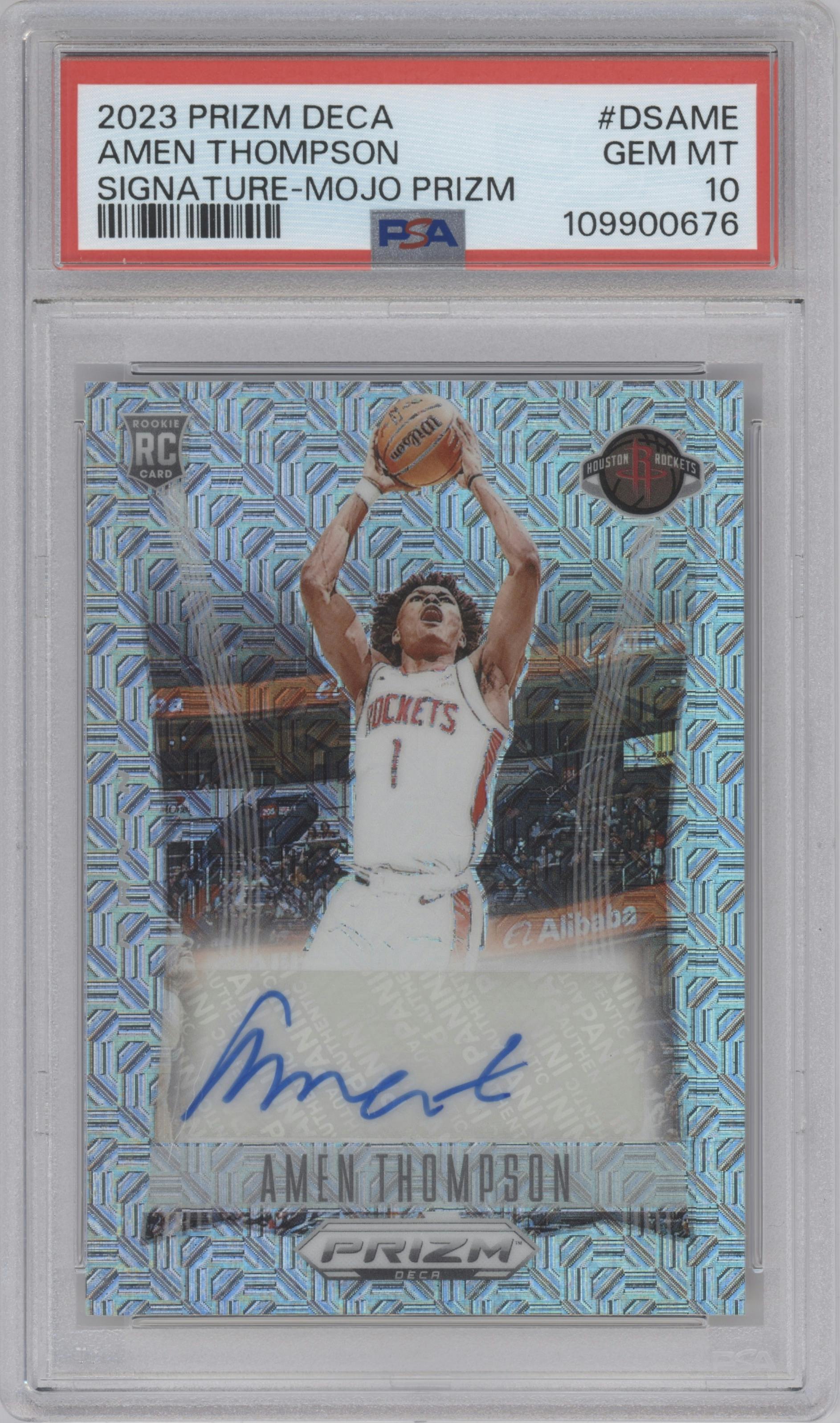 Amen Thompson from the 2023-24 Panini Prizm Deca set featuring a Mojo parallel graded by PSA and given an overall grade of 10.