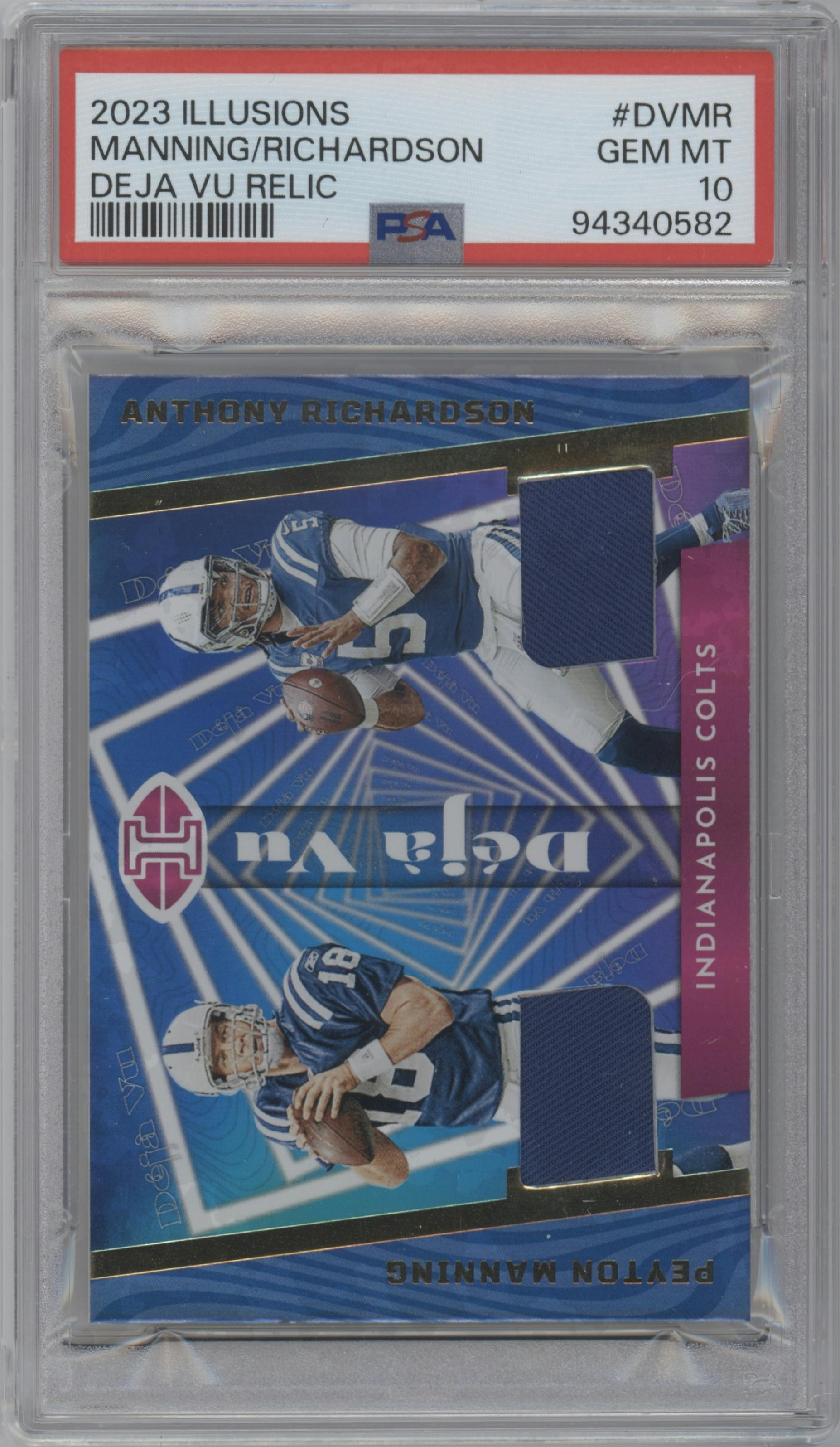 Peyton Manning/Anthony Richardson from the 2023 Panini Illusions set graded by PSA and given an overall grade of 10.