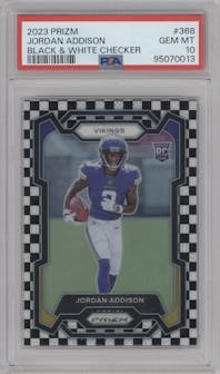 Jordan Addison from the 2023 Panini Prizm set featuring a Black/White Checker parallel graded by PSA and given an overall grade of 10.