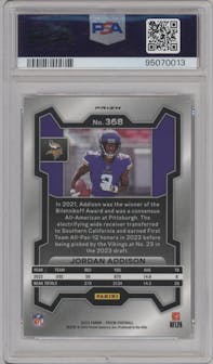 Jordan Addison from the 2023 Panini Prizm set featuring a Black/White Checker parallel graded by PSA and given an overall grade of 10.