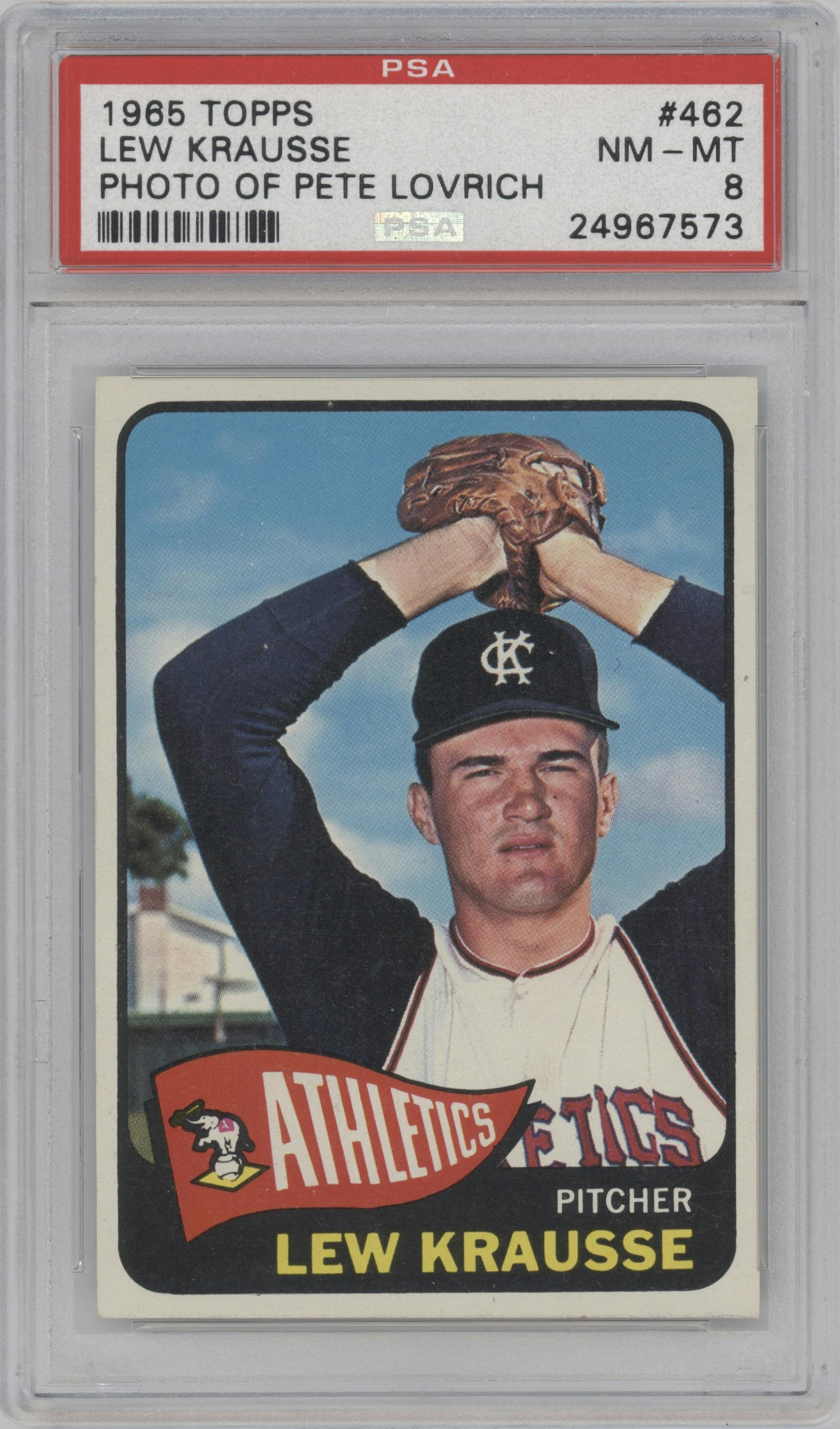 Lew Krausse from the 1965 Topps set graded by PSA and given an overall grade of 8.
