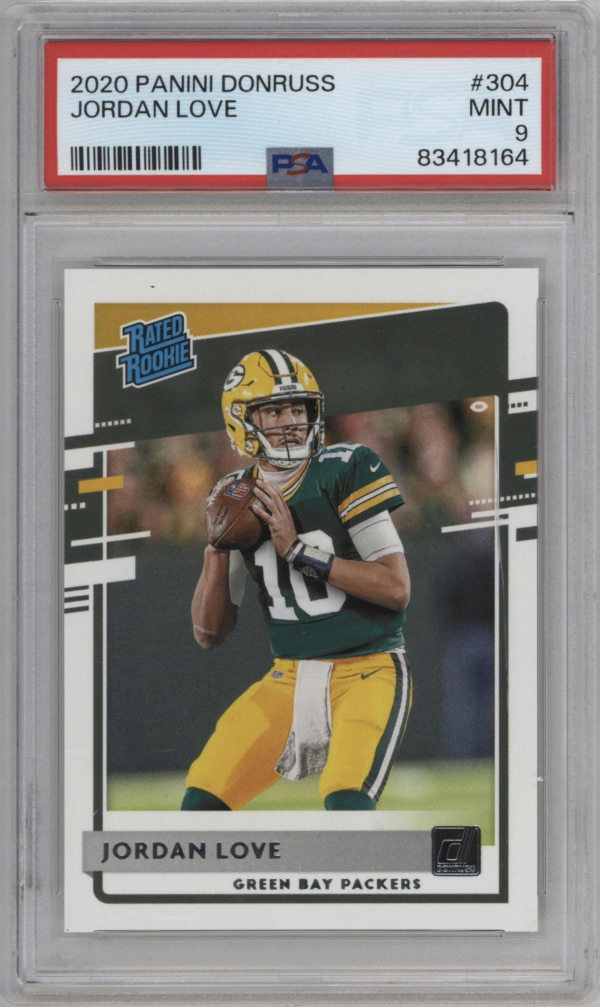 Jordan Love from the 2020 Panini Donruss set graded by PSA and given an overall grade of 9.