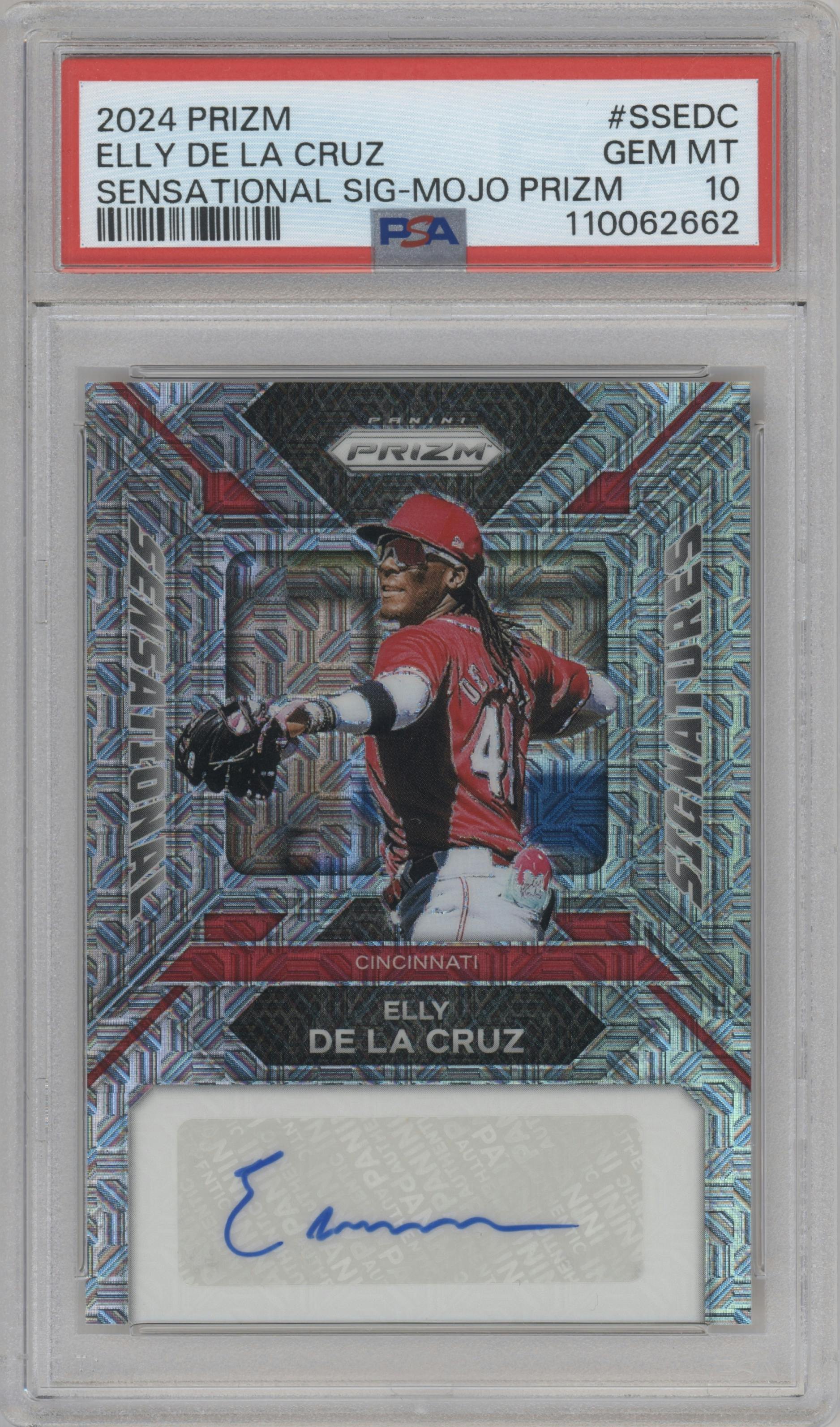 Elly De La Cruz from the 2024 Panini Prizm set featuring a Mojo Prizm parallel graded by PSA and given an overall grade of 10.