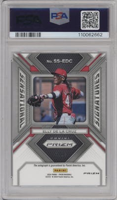 Elly De La Cruz from the 2024 Panini Prizm set featuring a Mojo Prizm parallel graded by PSA and given an overall grade of 10.