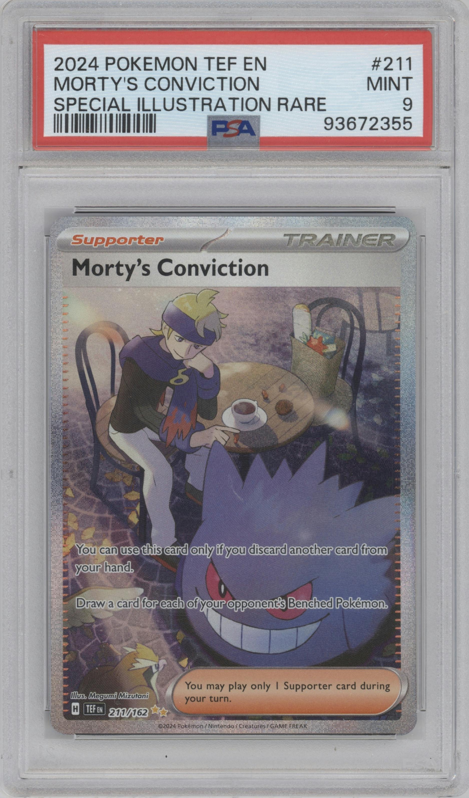 Morty's Conviction from the 2024 Pokemon SV set graded by PSA and given an overall grade of 9.