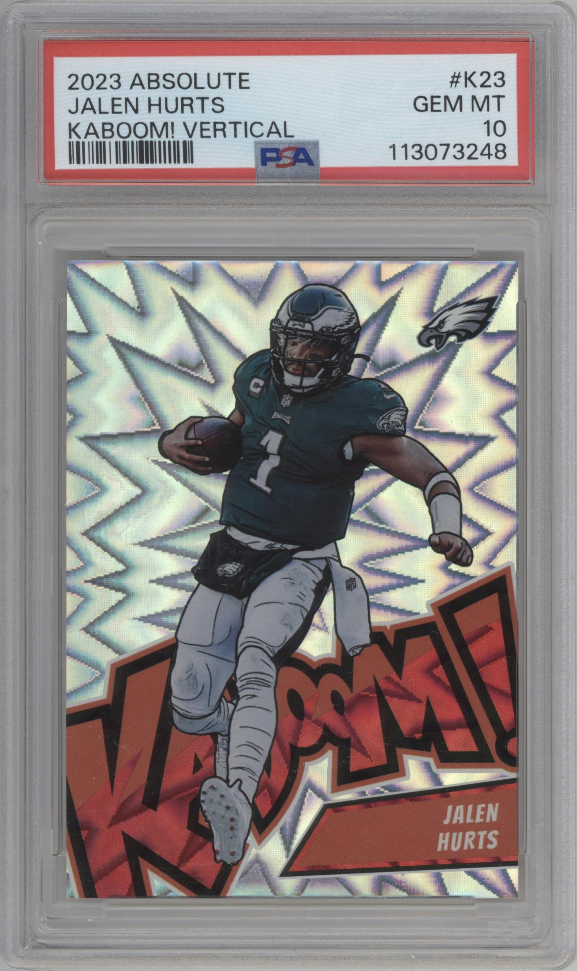 Jalen Hurts from the 2023 Panini Absolute set graded by PSA and given an overall grade of 10.