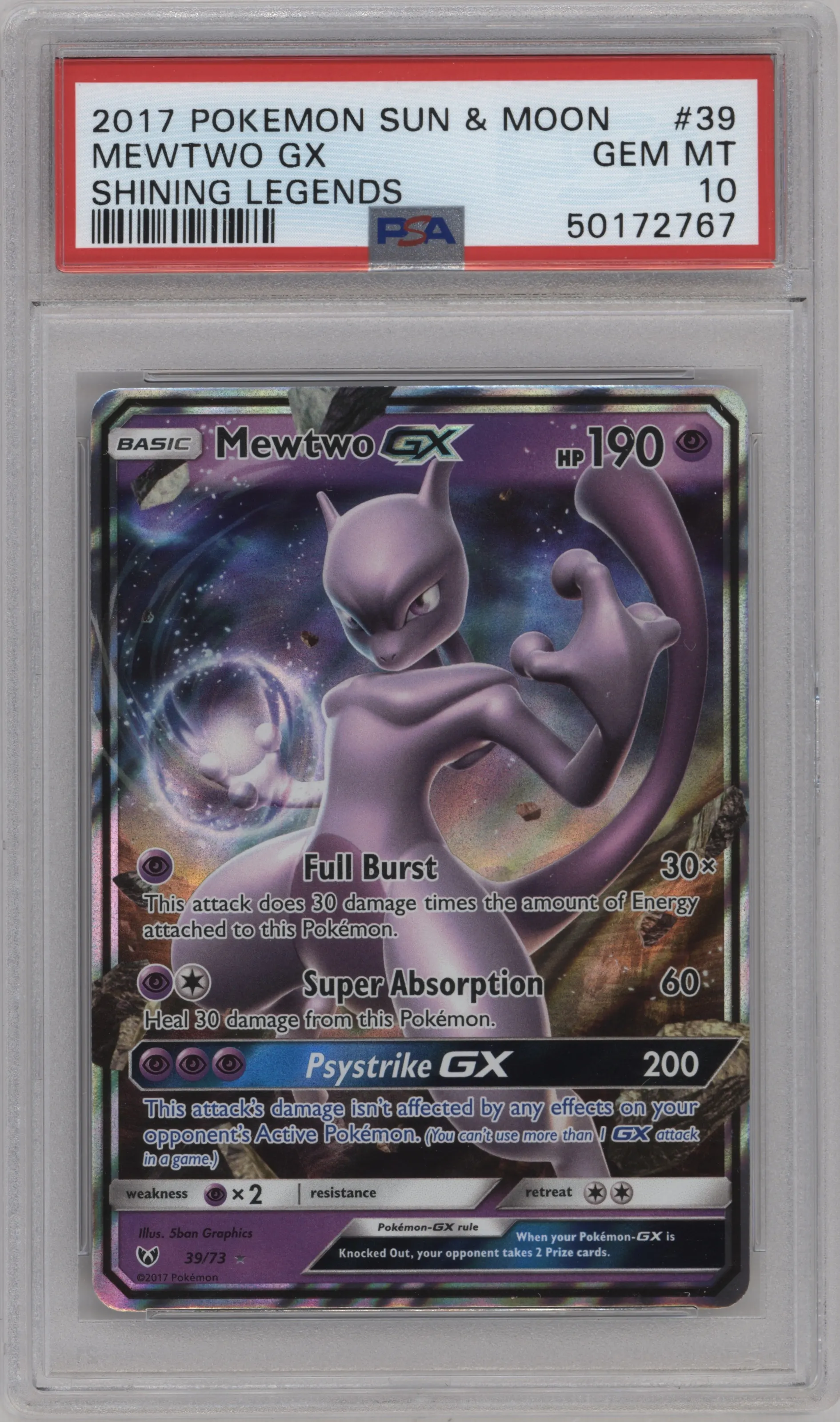 2017 Pokemon S&M Shining Legends Mewtwo GX PSA 10