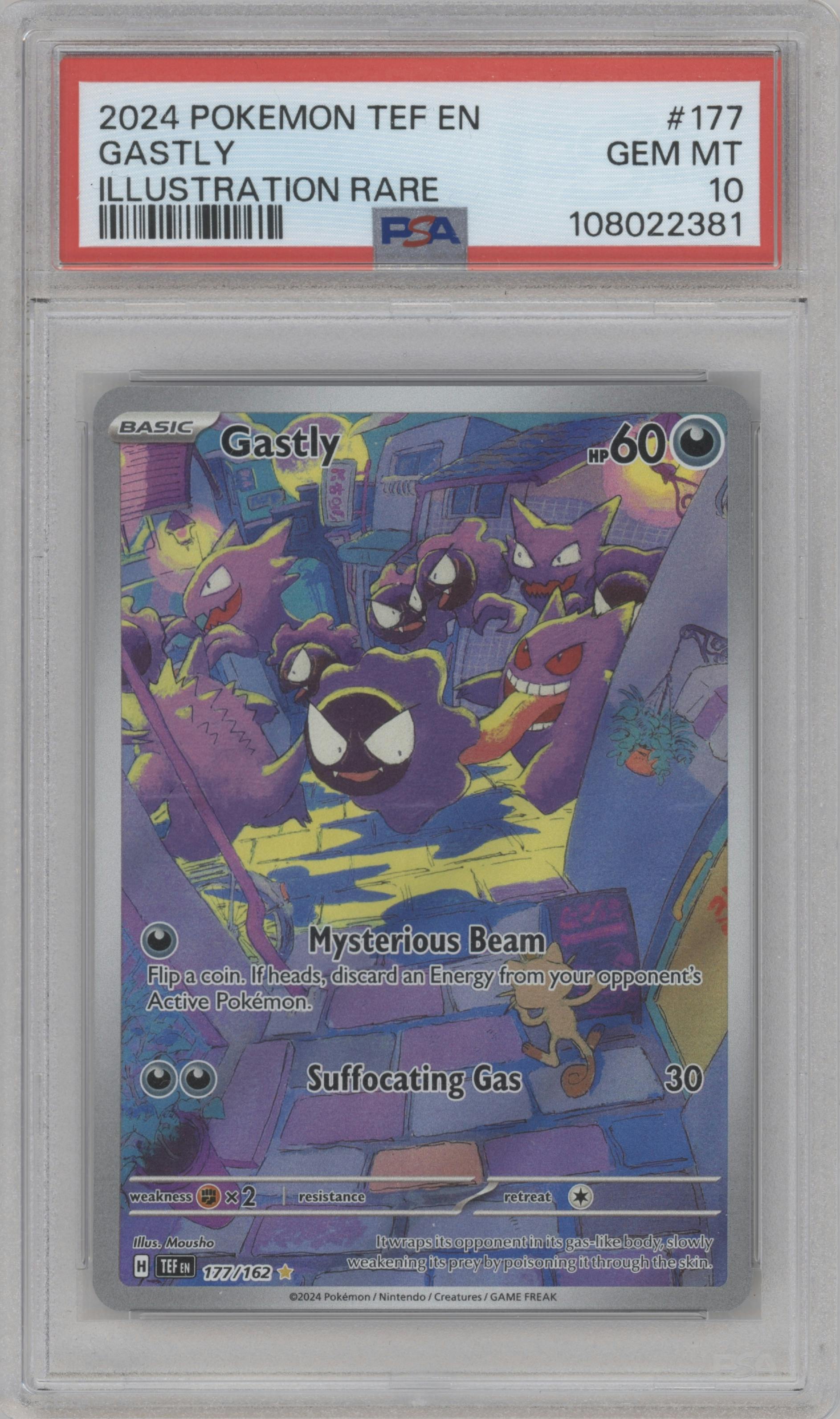 Gastly from the 2024 Pokemon SV set graded by PSA and given an overall grade of 10.