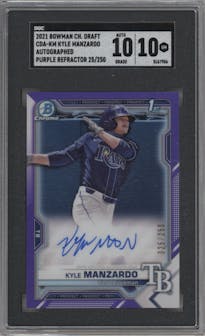 Kyle Manzardo from the 2021 Bowman Draft set featuring a Purple Refractor parallel graded by SGC and given an overall grade of 10.