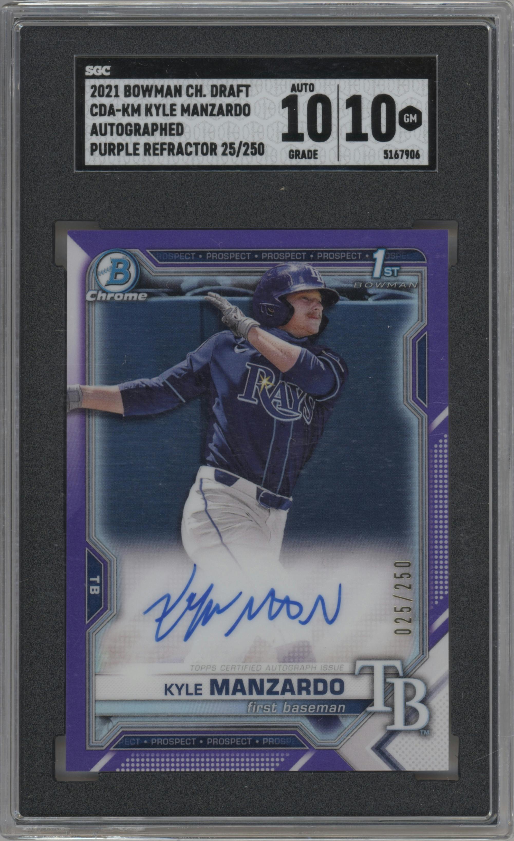 Kyle Manzardo from the 2021 Bowman Draft set featuring a Purple Refractor parallel graded by SGC and given an overall grade of 10.