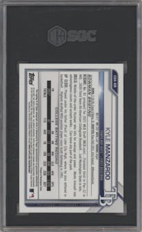 Kyle Manzardo from the 2021 Bowman Draft set featuring a Purple Refractor parallel graded by SGC and given an overall grade of 10.
