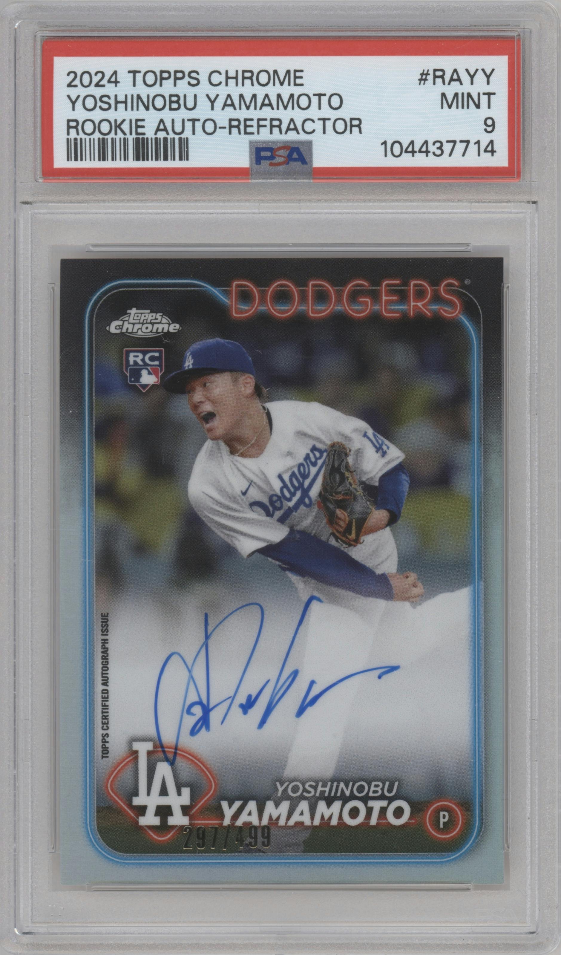 Yoshinobu Yamamoto from the 2024 Topps Chrome set featuring a Refractor parallel graded by PSA and given an overall grade of 9.