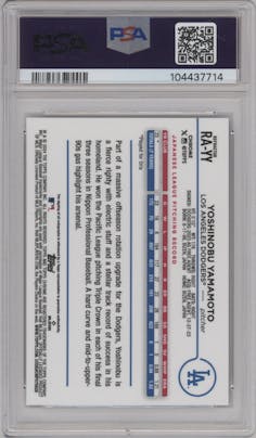 Yoshinobu Yamamoto from the 2024 Topps Chrome set featuring a Refractor parallel graded by PSA and given an overall grade of 9.