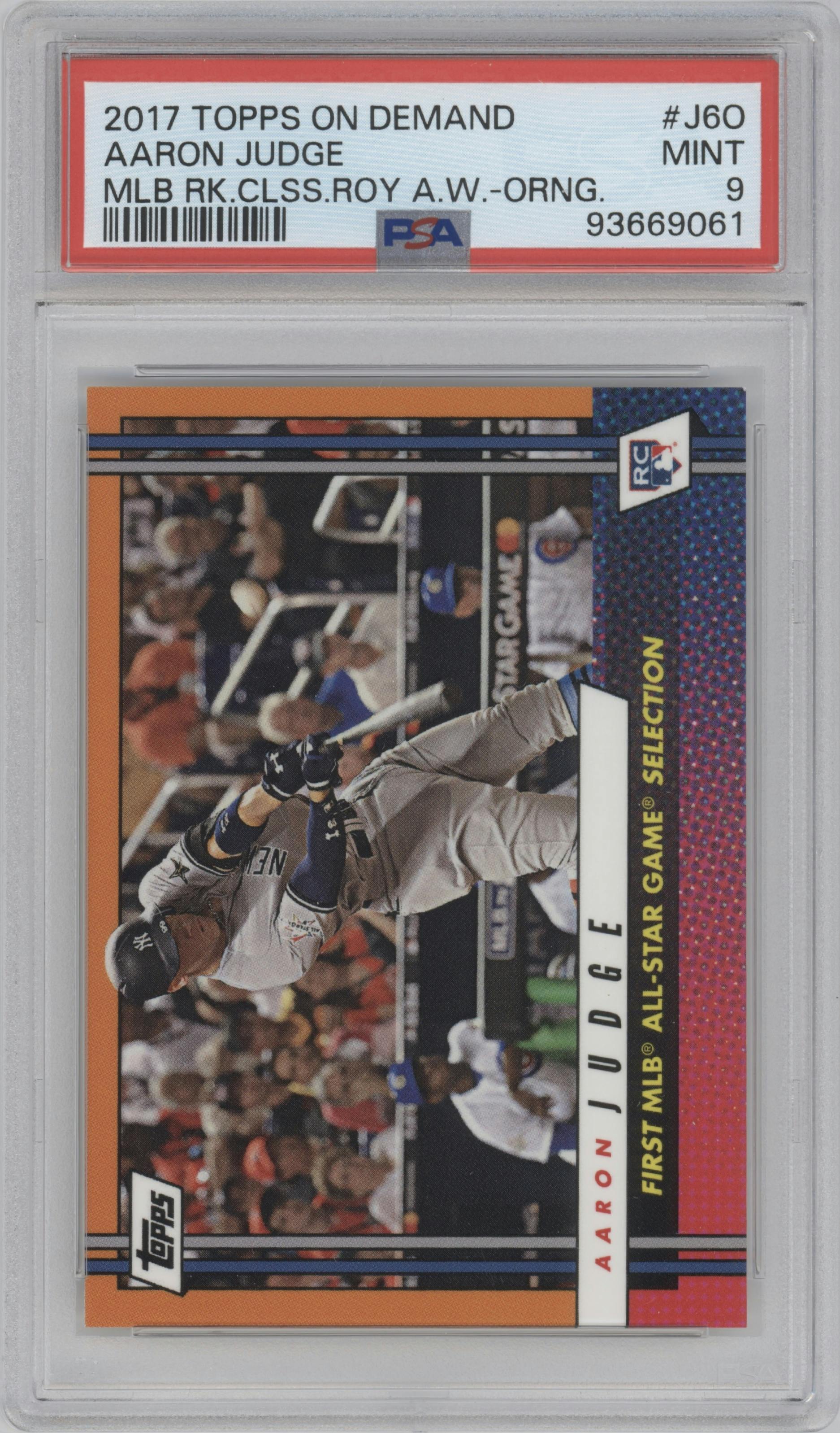 Aaron Judge from the 2017 Topps On-Demand Set 12: Rookie Class set featuring a Orange parallel graded by PSA and given an overall grade of 9.
