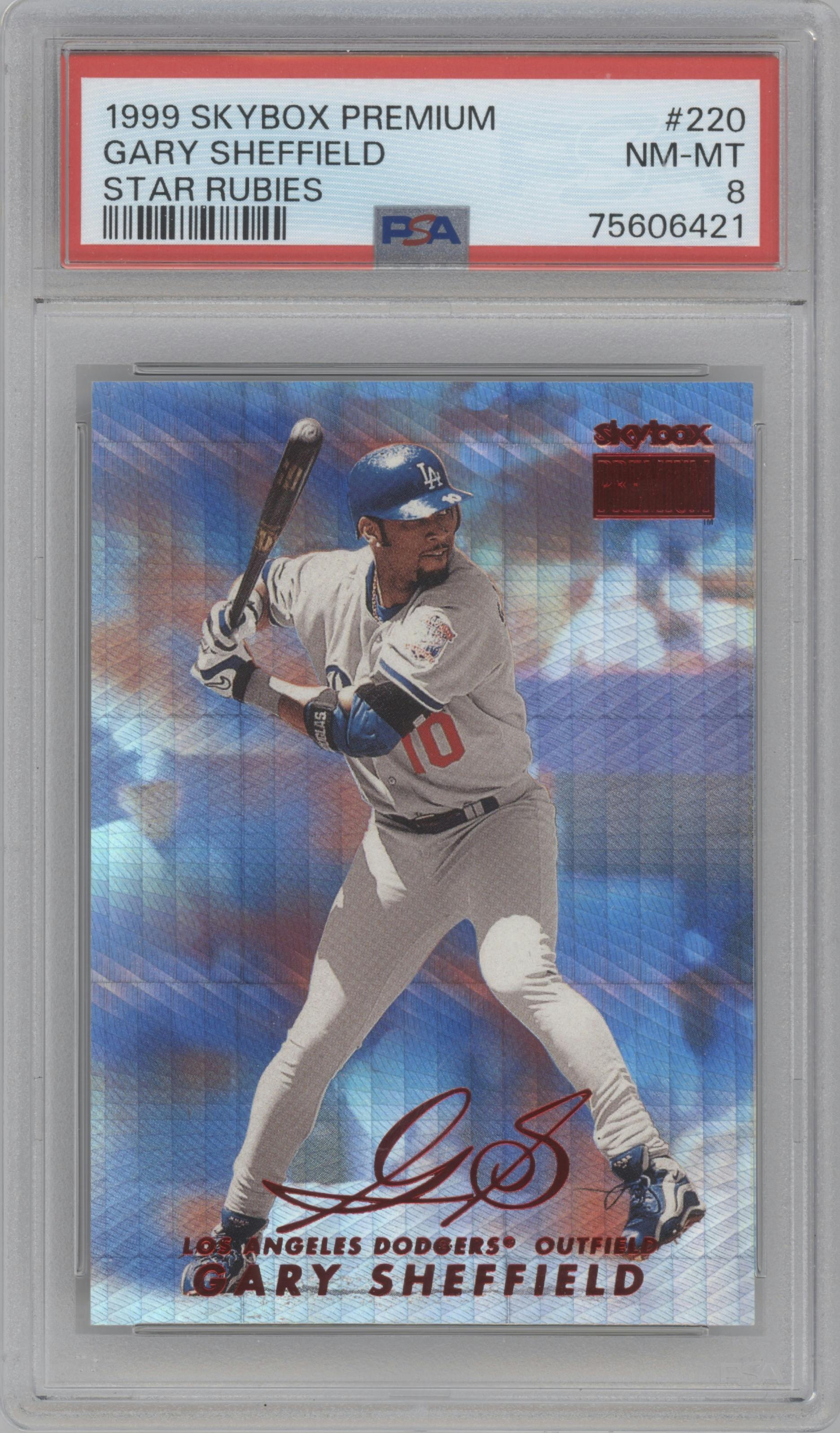 Gary Sheffield from the 1999 SkyBox Premium set featuring a Star Rubies parallel graded by PSA and given an overall grade of 8.