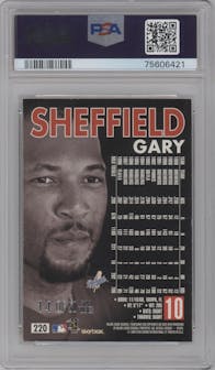 Gary Sheffield from the 1999 SkyBox Premium set featuring a Star Rubies parallel graded by PSA and given an overall grade of 8.