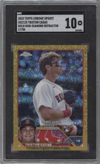 Triston Casas from the 2023 Topps Chrome Update set featuring a Gold Mini Diamond Refractor parallel graded by SGC and given an overall grade of 10.