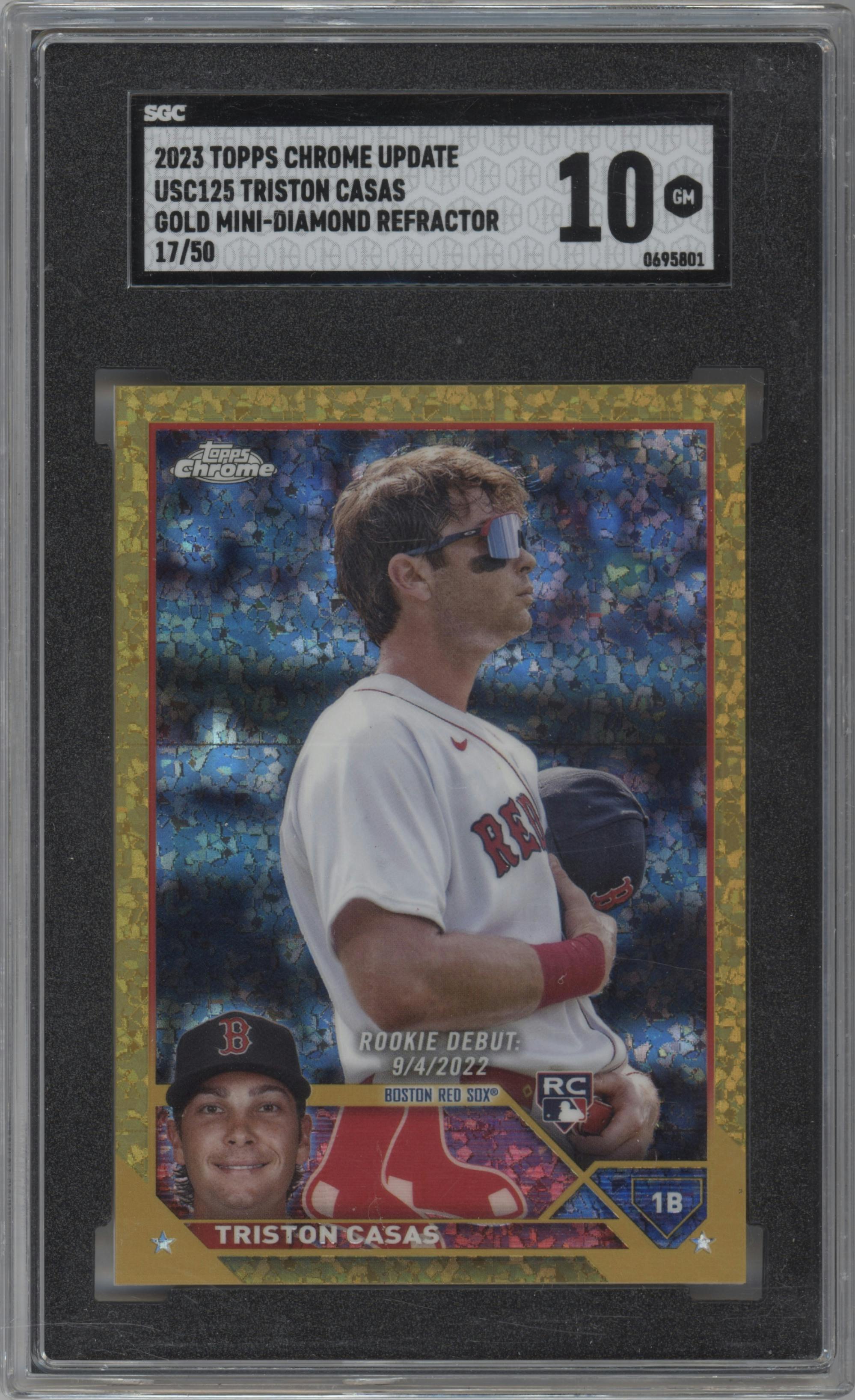Triston Casas from the 2023 Topps Chrome Update set featuring a Gold Mini Diamond Refractor parallel graded by SGC and given an overall grade of 10.