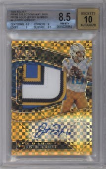 Justin Herbert from the 2020 Panini Select set featuring a Gold Jrsy.Num. parallel graded by Beckett and given an overall grade of 8.5.