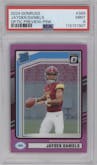 Jayden Daniels from the 2024 Donruss set featuring a Pink parallel graded by PSA and given an overall grade of 9.