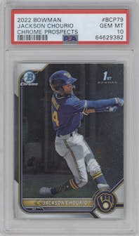 Jackson Chourio from the 2022 Bowman set graded by PSA and given an overall grade of 10.