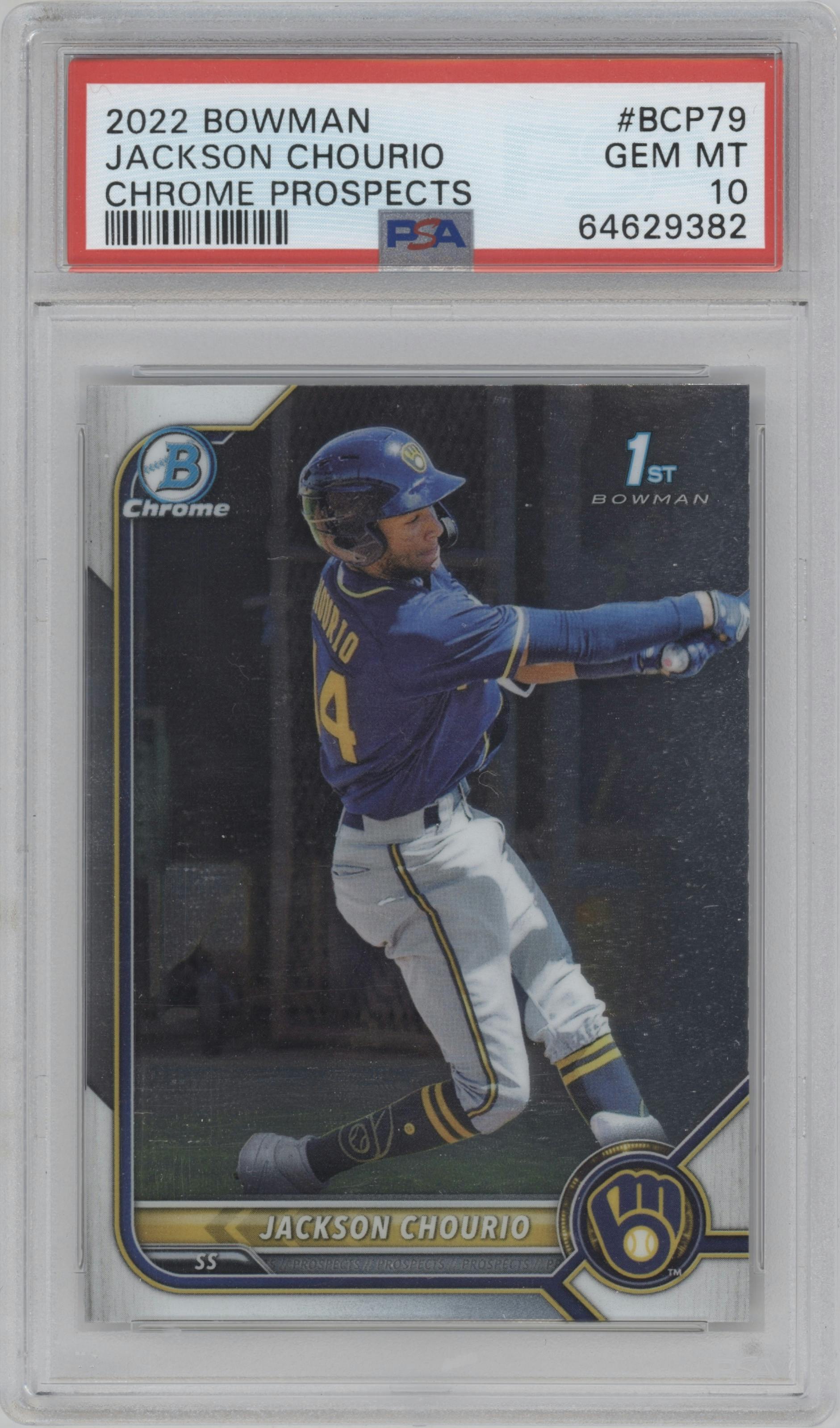Jackson Chourio from the 2022 Bowman set graded by PSA and given an overall grade of 10.