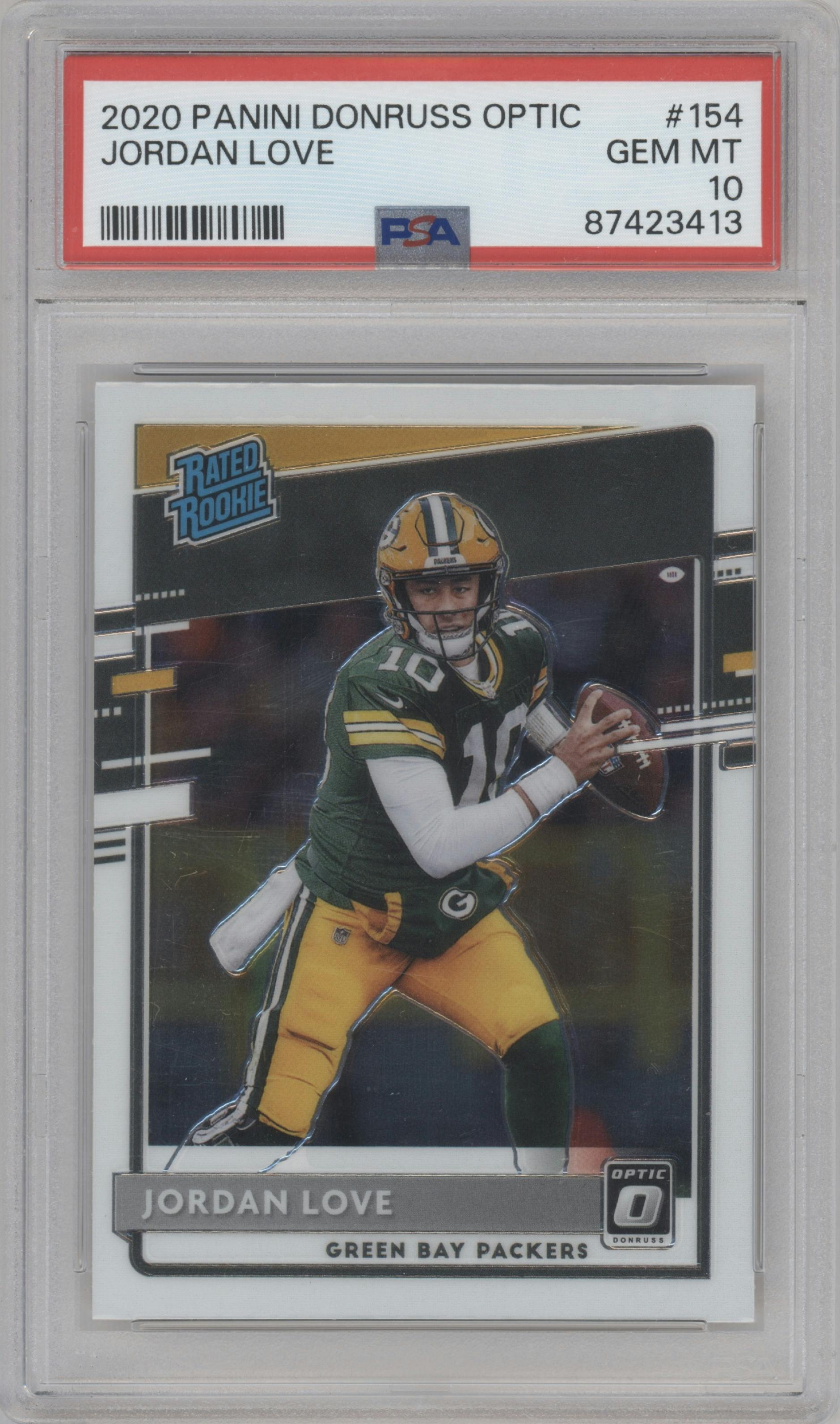 Jordan Love from the 2020 Panini Donruss Optic set graded by PSA and given an overall grade of 10.