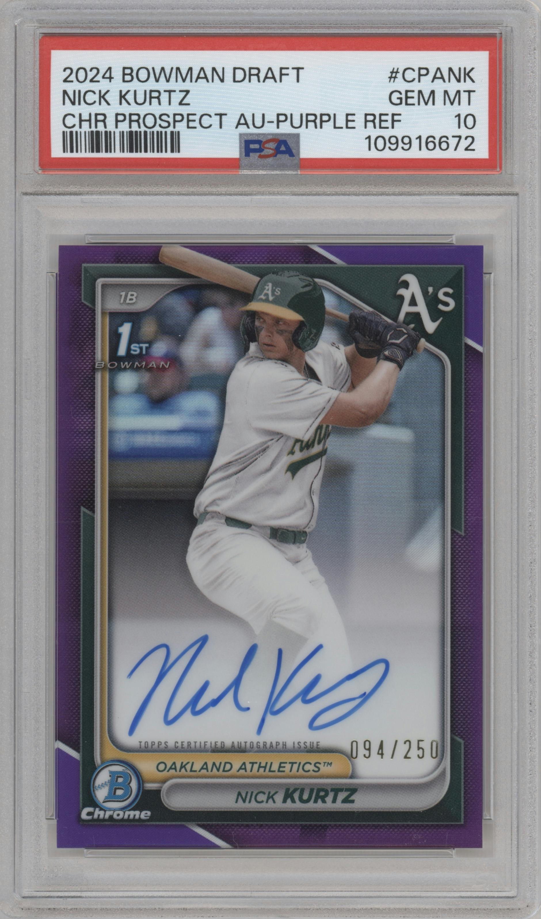 Nick Kurtz from the 2024 Bowman Draft set featuring a Purple Refractor parallel graded by PSA and given an overall grade of 10.