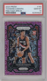 Toumani Camara from the 2023-24 Panini Prizm set featuring a Fast Break Pink parallel graded by PSA and given an overall grade of 10.