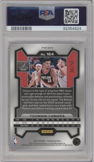 Toumani Camara from the 2023-24 Panini Prizm set featuring a Fast Break Pink parallel graded by PSA and given an overall grade of 10.