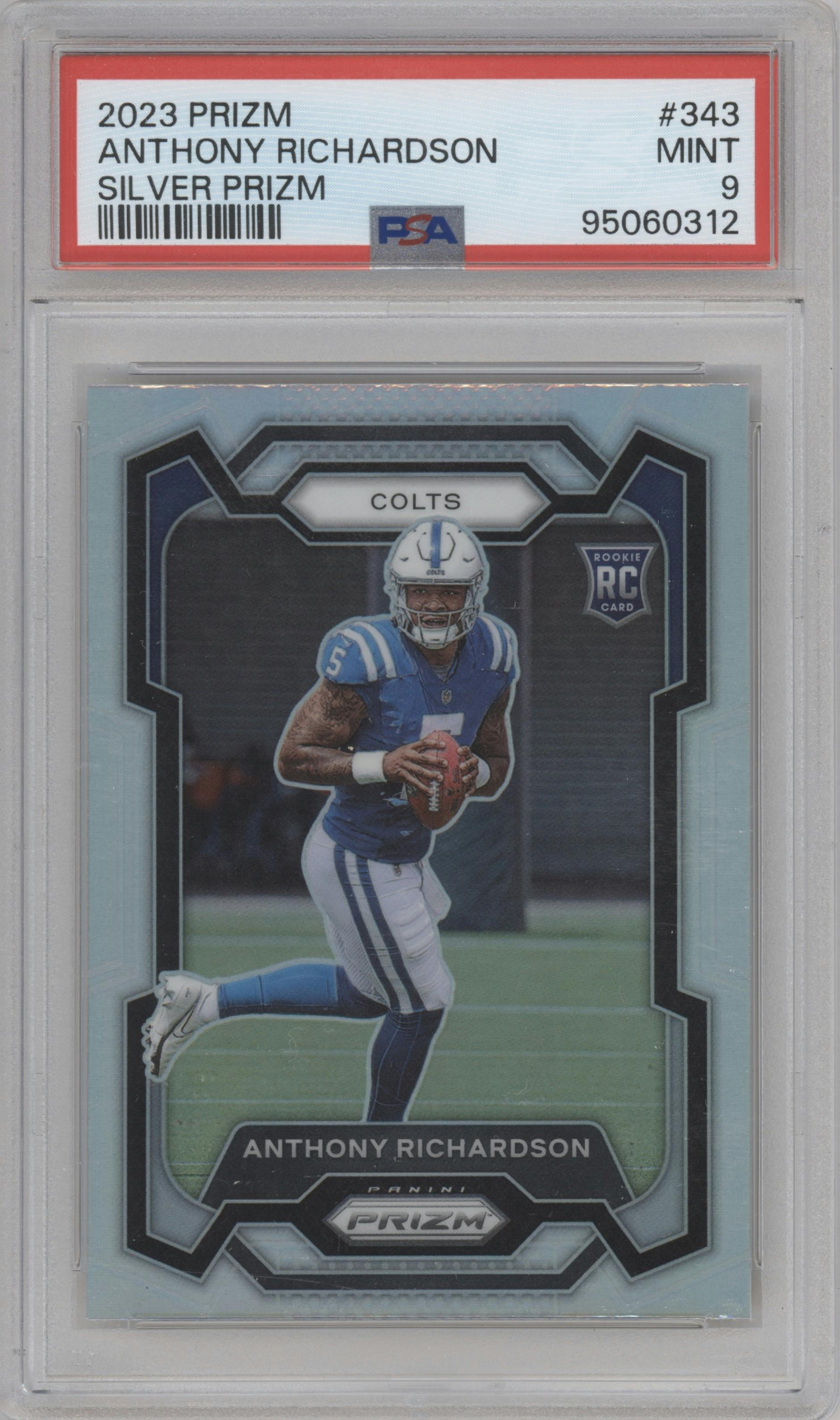 Anthony Richardson from the 2023 Panini Prizm set featuring a Silver Prizm parallel graded by PSA and given an overall grade of 9.