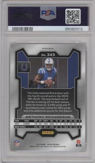 Anthony Richardson from the 2023 Panini Prizm set featuring a Silver Prizm parallel graded by PSA and given an overall grade of 9.