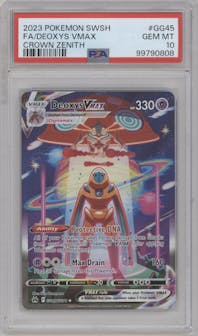 Deoxys VMAX from the 2023 Pokemon SWSH set graded by PSA and given an overall grade of 10.