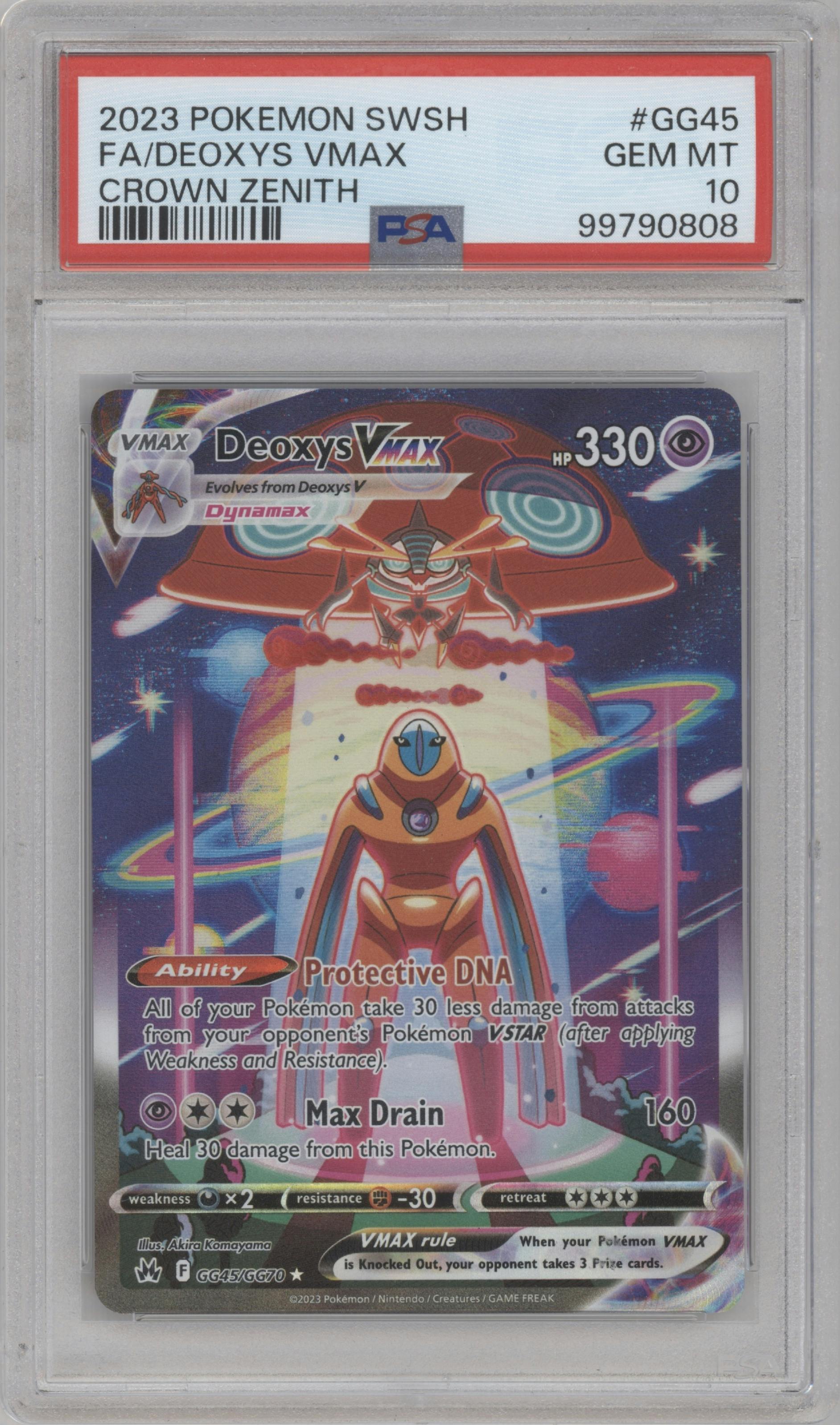 Deoxys VMAX from the 2023 Pokemon SWSH set graded by PSA and given an overall grade of 10.