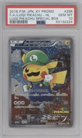 Luigi Pikachu from the 2016 Pokemon XY JPN set featuring a Luigi Pikachu Special Box parallel graded by PSA and given an overall grade of 10.