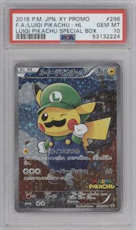Luigi Pikachu from the 2016 Pokemon XY JPN set featuring a Luigi Pikachu Special Box parallel graded by PSA and given an overall grade of 10.