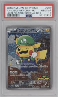 Luigi Pikachu from the 2016 Pokemon XY JPN set featuring a Luigi Pikachu Special Box parallel graded by PSA and given an overall grade of 10.