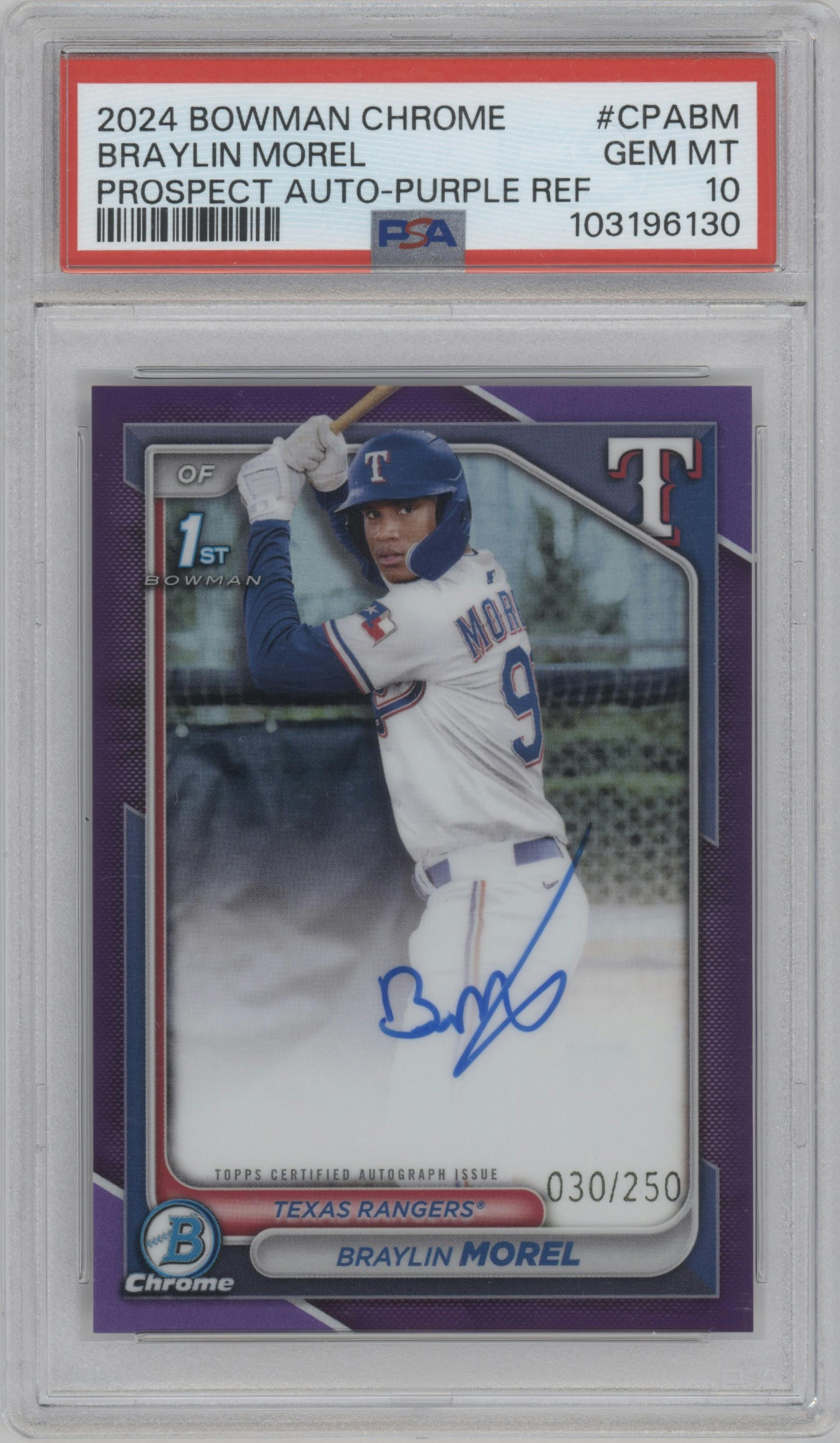 Braylin Morel from the 2024 Bowman Chrome set featuring a Purple Refractor parallel graded by PSA and given an overall grade of 10.