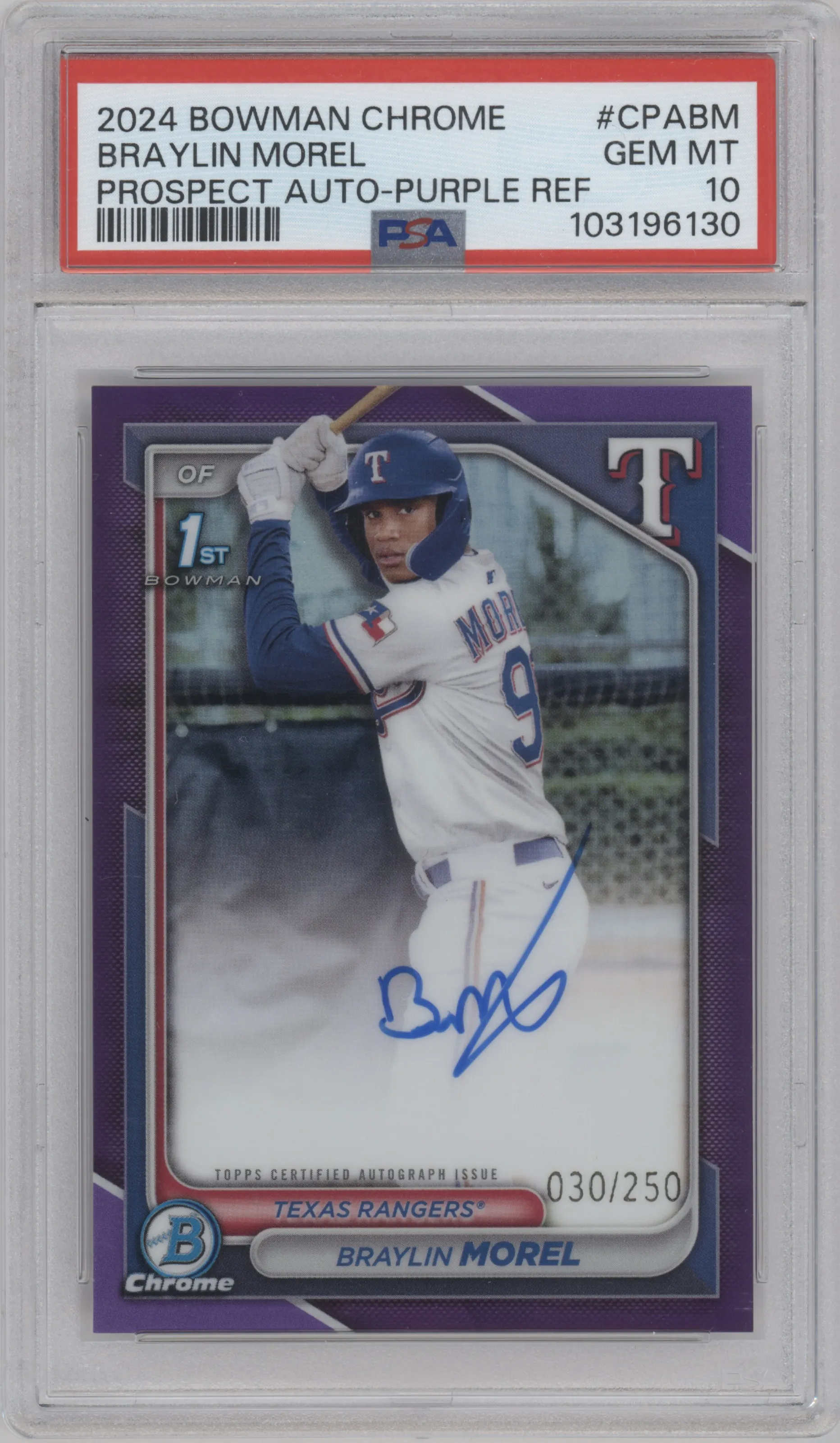 2024 Bowman Chrome Chr.Pros.Auto Braylin Morel Purple Refractor PSA 10