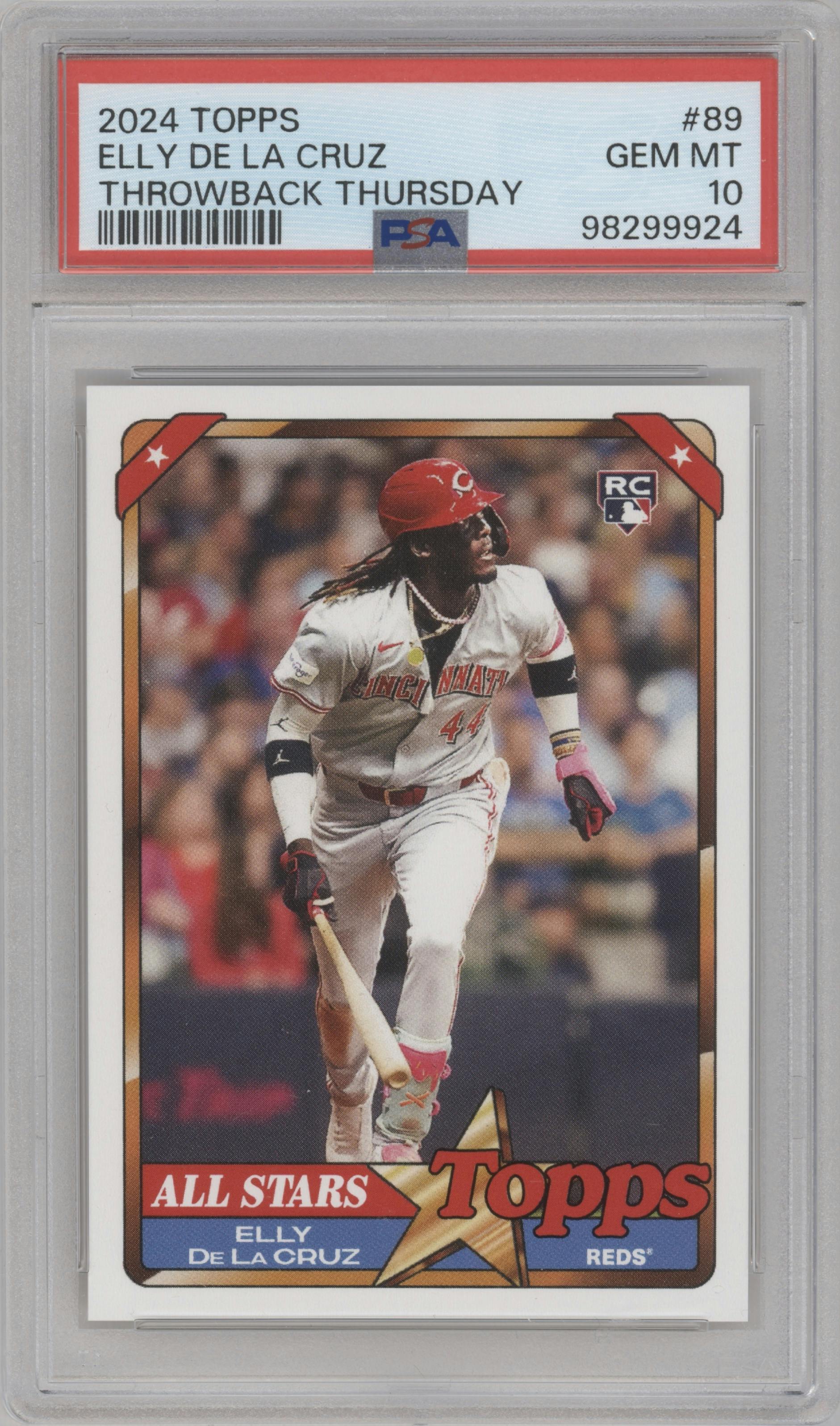 Elly De La Cruz from the 2024 Topps Throwback Thursday set graded by PSA and given an overall grade of 10.