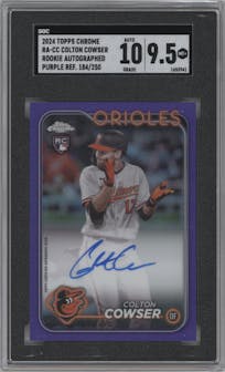 Colton Cowser from the 2024 Topps Chrome set featuring a Purple Refractor parallel graded by SGC and given an overall grade of 9.5.